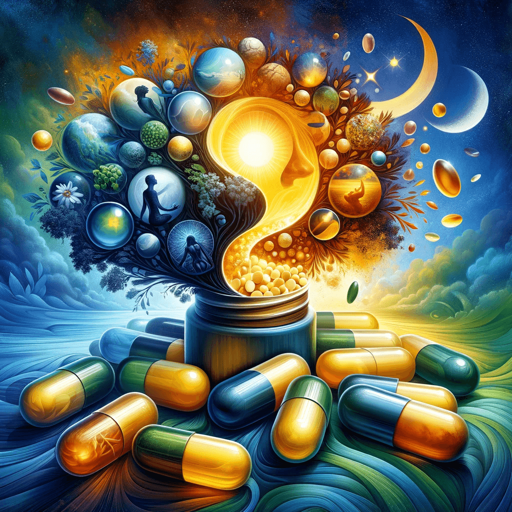 A creative combination of Omega-3 supplements with symbols of mental well-being, representing relief from depression, anxiety, and insomnia.