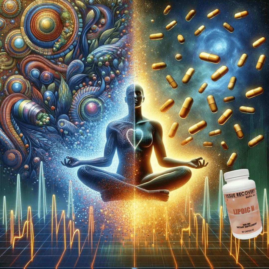 A conceptual art piece depicting a figure in a relaxed pose, symbolizing a patient, with alpha lipoic acid capsules flowing into the figure and transforming into a vibrant aura of health around them. The background transitions from a chaotic pattern of high blood pressure indicators to a serene landscape of stability and wellness. This transformation illustrates the long-term benefits of consistent supplementation.