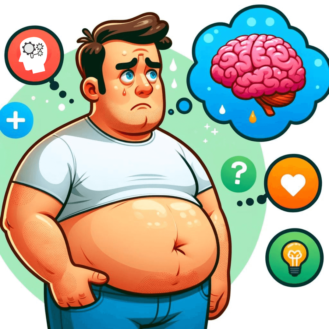 A cartoon middle-aged man with a prominent belly, looking worried, with thought bubbles showing a brain and various health symbols. The style is colorful, engaging, and educational, highlighting the theme of abdominal fat and brain health.