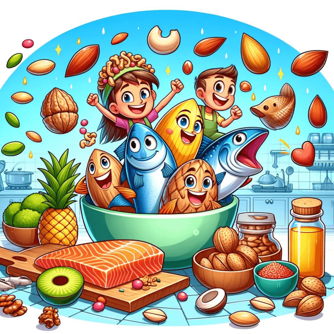 A cartoon illustration of various sources of omega-3 fatty acids, featuring fish, nuts, and seeds, vividly colored, engaging in a playful setup.