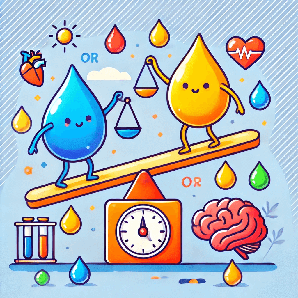 Square cartoon illustration of omega-3 and omega-6 fatty acids symbolized as colorful droplets on a seesaw. Omega-3 is keeping the balance while omega-6 adds more weight to its side, indicating the health balance. Heart and brain icons in the background. Vibrant colors, simple and clean design, no text, playful educational style, comic vector art, minimalistic and engaging