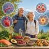 Older couple with anti-inflammatory foods: salmon, berries, greens, olive oil, nuts, beans and turmeric