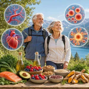 Older couple with anti-inflammatory foods: salmon, berries, greens, olive oil, nuts, beans and turmeric