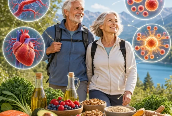 Older couple with anti-inflammatory foods: salmon, berries, greens, olive oil, nuts, beans and turmeric