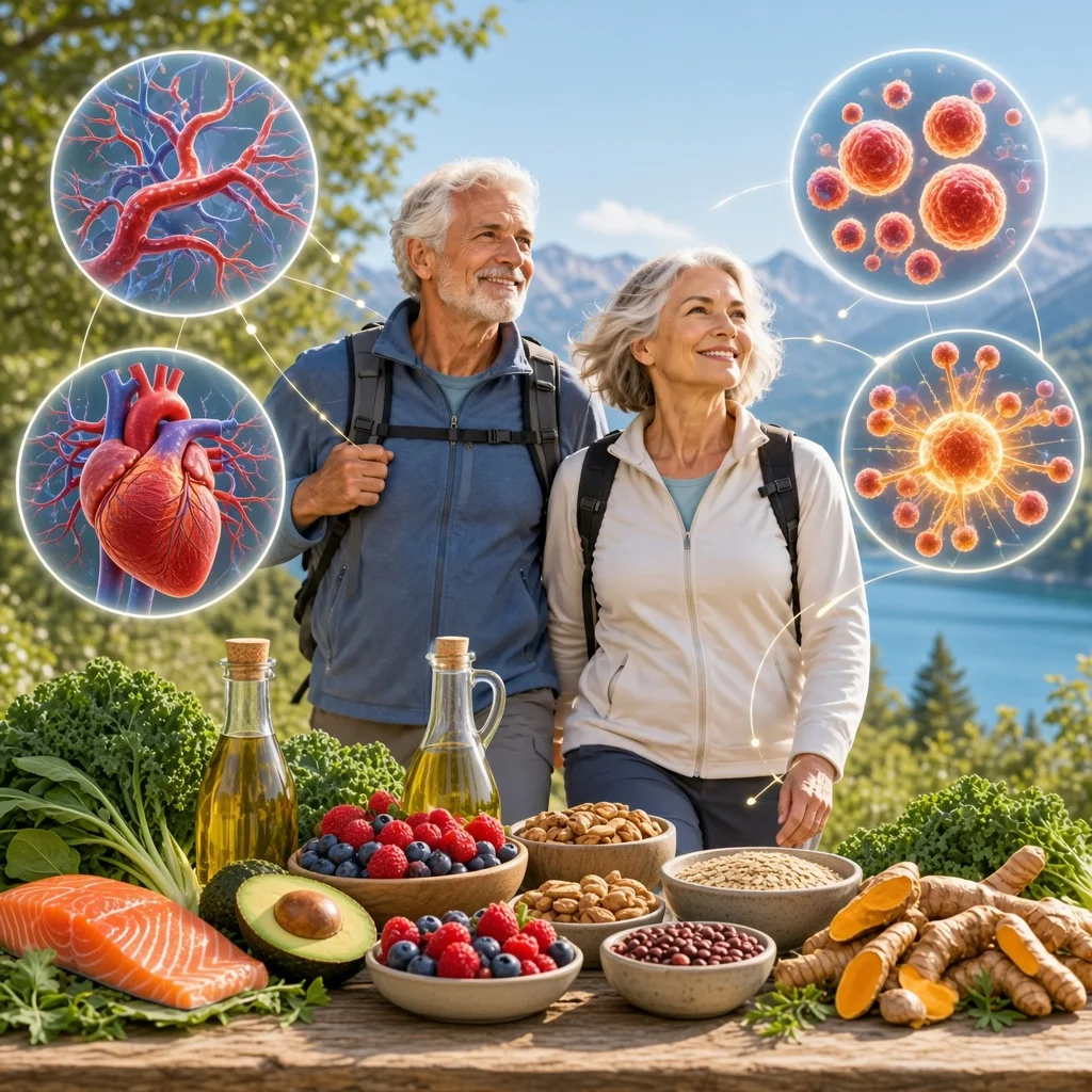 Older couple with anti-inflammatory foods: salmon, berries, greens, olive oil, nuts, beans and turmeric